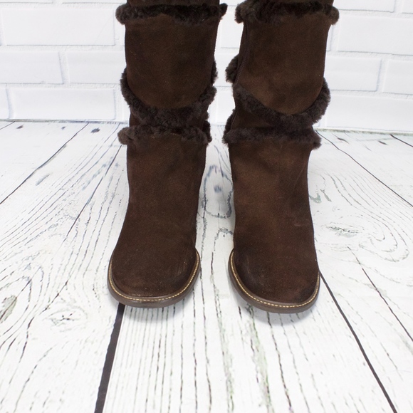 LL Bean Brown Suede Leather Shearling Lined Side Zip Tall Winter Boots 8.5 M - Picture 4 of 8